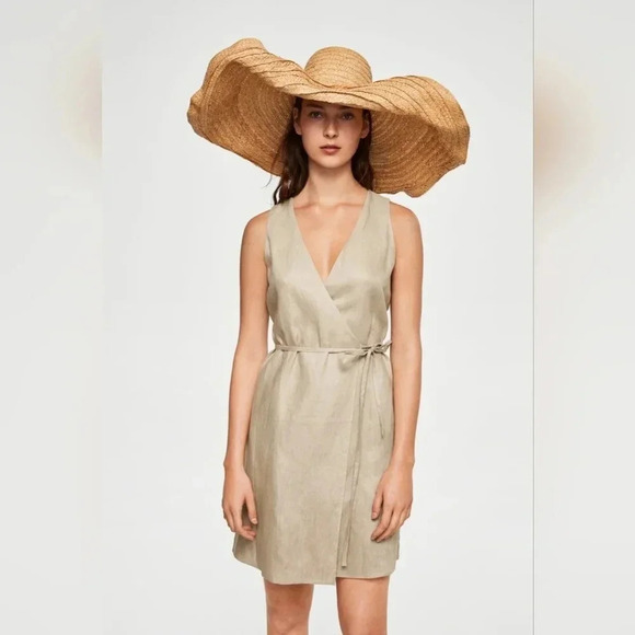 🥭MANGO🥭 MNG Linen Wrap Sleeveless Dress Tan Beige Brown size XL - Picture 1 of 6